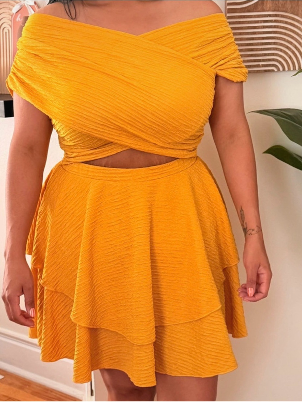 SHEIN Off-Shoulder Mustard Yellow Tiered Mini Dress
